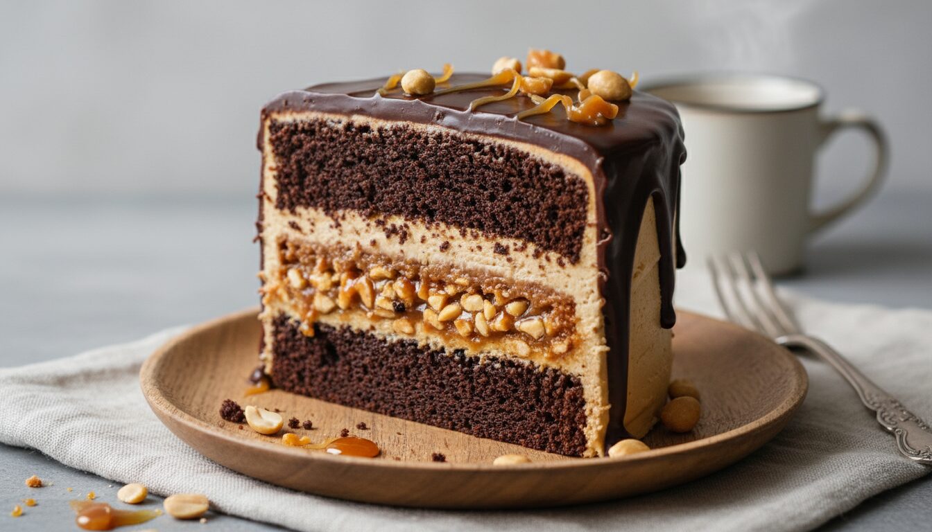 Ciasto Snickers – czekolada, karmel, orzeszki i masło orzechowe